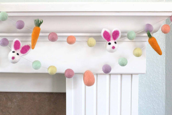 Bunny, Egg & Carrot Easter Felt Ball Garland- Pastel Rainbow