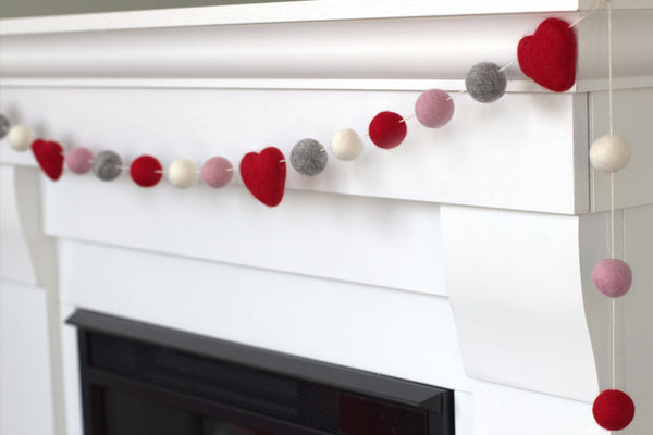 Valentine's Day Garland- Red, Gray, Baby Pink, White Felt Balls & Hearts