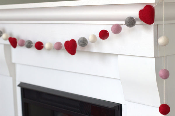 Valentine's Day Felt Ball & Heart Garland- Red, Gray, Baby Pink, White