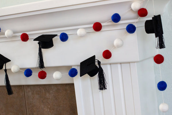 Graduation Cap Felt Ball Garland- Red Blue White with BLACK tassels - 1" (2.5 cm) Wool Felt Balls- Graduation Hat Party Decor Banner…