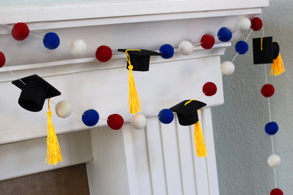 Graduation Cap Felt Ball Garland- Red Blue White with GOLD tassels - 1" (2.5 cm) Wool Felt Balls- Graduation Hat Party Decor Banner…