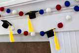 Graduation Cap Felt Ball Garland- Red Blue White with GOLD tassels - 1" (2.5 cm) Wool Felt Balls- Graduation Hat Party Decor Banner…