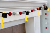 Graduation Cap Felt Ball Garland- Red Gray White with GOLD tassels - 1" (2.5 cm) Wool Felt Balls- Graduation Hat Party Decor Banner…