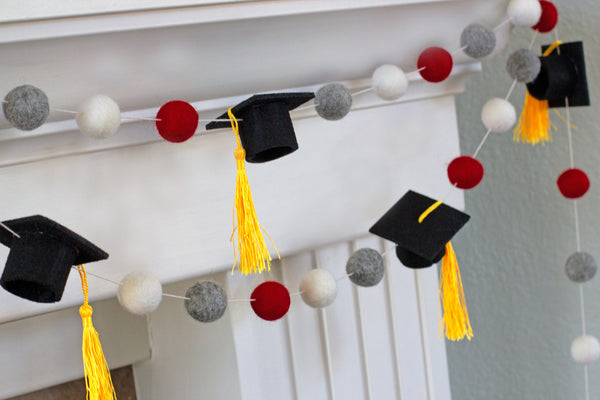 Graduation Cap Felt Ball Garland- Red Gray White with GOLD tassels - 1" (2.5 cm) Wool Felt Balls- Graduation Hat Party Decor Banner…