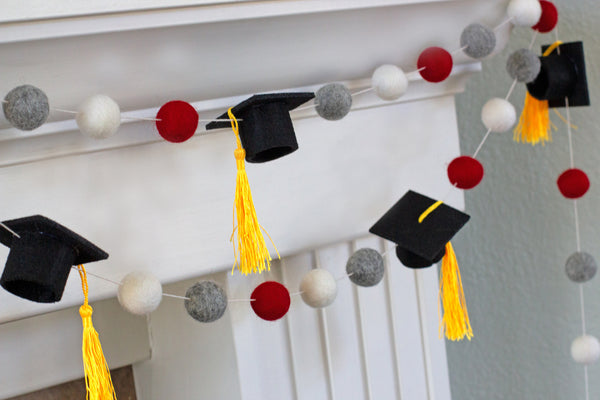 Graduation Cap Felt Garland- Red Gray White with GOLD tassels
