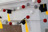 Graduation Cap Felt Ball Garland- Red Gray White with GOLD tassels - 1" (2.5 cm) Wool Felt Balls- Graduation Hat Party Decor Banner…