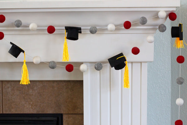 Graduation Cap Felt Ball Garland- Red Gray White with GOLD tassels - 1" (2.5 cm) Wool Felt Balls- Graduation Hat Party Decor Banner…