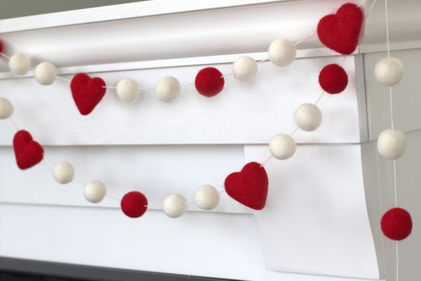 Valentine's Day Heart Garland- Red and White with Red Hearts- Wool Felt- Ecofriendly