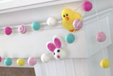 Bunny & Chick Easter Felt Ball Garland- Pink, Turquoise, Yellow