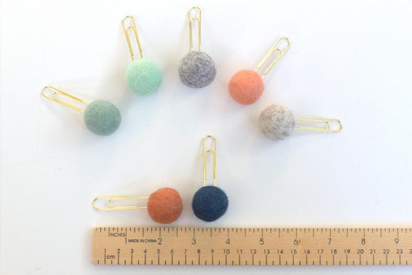 Felt Ball Planner Clip Bookmark- SET OF 5- Turquoise, Gold, Peach- Planner Accessories - Page Marker Pom Poms - 1" Felt Ball
