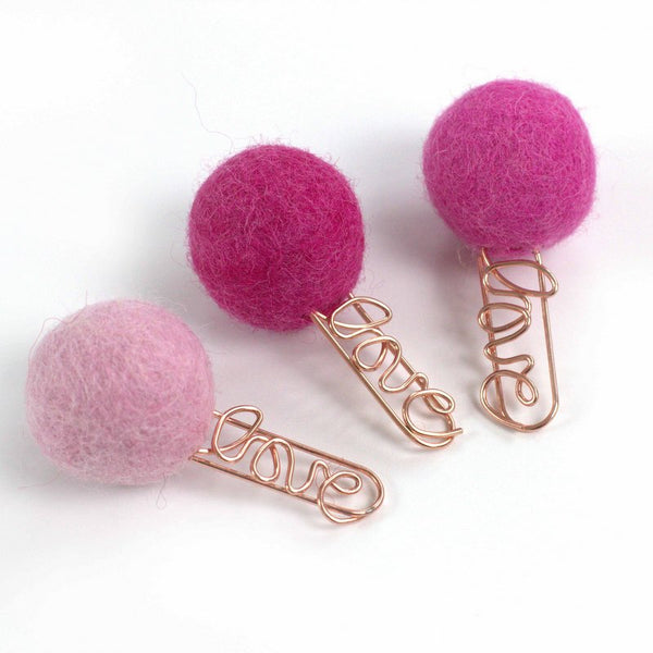 Valentine's Day Bookmark Clips- SET OF 3- Shades of Pink- Rose Gold Love Clip- Planner Accessories - Page Marker Pom Pom - 1" Felt Ball