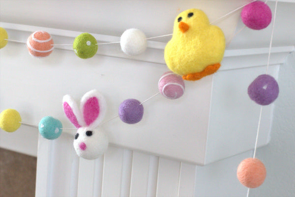 Bunny & Chick Easter Felt Ball Garland- Bright Colors Swirls & Dots