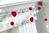 Valentine's Day Felt Ball & Heart Garland- Red, Turquoise- Dots & Swirls