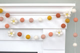 Felt Daisy Flower Garland- White Felt Flowers & Peach, Terra Cotta, Golden Felt Balls- Spring Summer Easter- 100% Wool