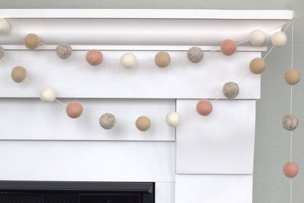 Valentine's Day Felt Ball Garland- Pale Pink, Gray, Almond, White