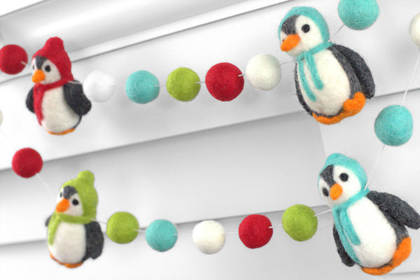Penguin Felt Christmas Garland- Red, Turquoise, Green