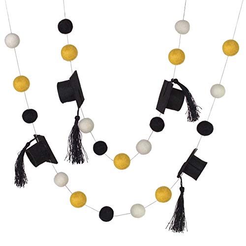 Graduation Cap Felt Ball Garland- Black Gold White with BLACK tassels - 1" (2.5 cm) Wool Felt Balls- Graduation Hat Party Decor Banner…