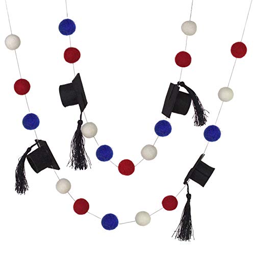 Graduation Cap Felt Ball Garland- Red Blue White with BLACK tassels - 1" (2.5 cm) Wool Felt Balls- Graduation Hat Party Decor Banner…