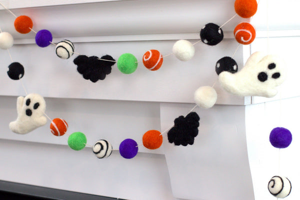 Ghost & Bat Halloween Garland- Purple, Green, Orange, Black- Dots & Swirls