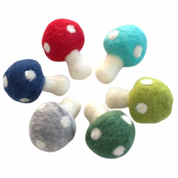 Wool Felt Mushrooms- Red, Blue, Green, Gray- 6 Pieces