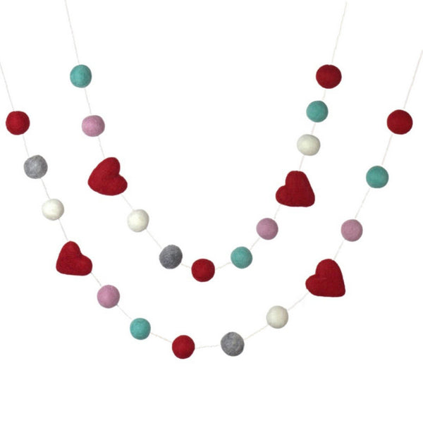 Valentine's Day Garland- Red, Turquoise, Gray, Baby Pink, White Felt Ball & Heart Garland