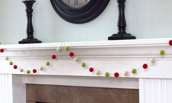Christmas Garland Felt Ball Garland- Christmas Holiday Decor in Red, Green & Almond Cream