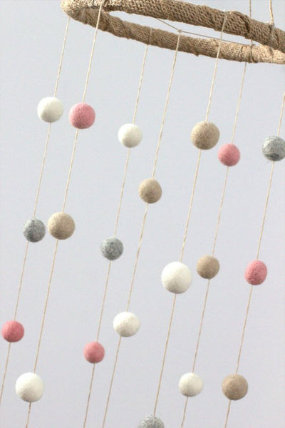Pink, Gray, Almond & White Felt Ball Nursery Mobile SMALL SIZE- Nursery Childrens Room Pom Pom Mobile Garland Decor