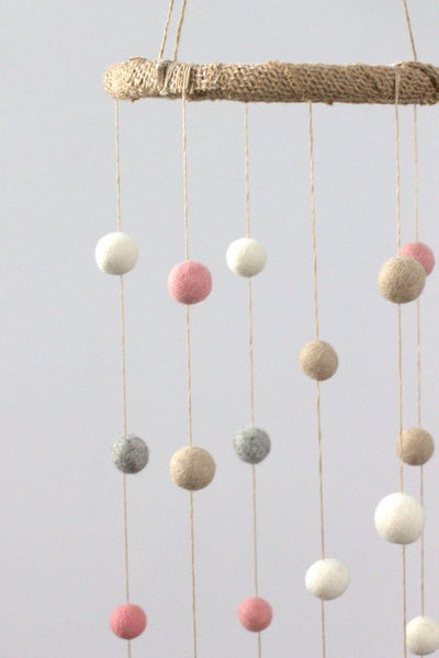 Pink, Gray, Almond & White Felt Ball Nursery Mobile SMALL SIZE- Nursery Childrens Room Pom Pom Mobile Garland Decor