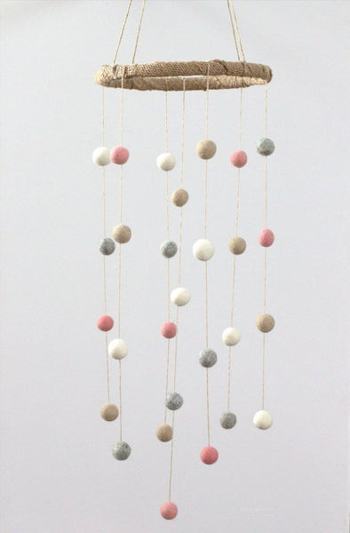 Pink, Gray, Almond & White Felt Ball Nursery Mobile SMALL SIZE- Nursery Childrens Room Pom Pom Mobile Garland Decor