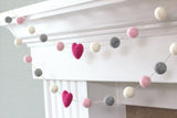 Felt Ball Garland- Hot Pink, Light Pink, Gray & White Hearts and Balls- Pom Pom- Nursery- Holiday- Wedding- Party- Childrens Room