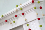 Christmas Garland Felt Ball Garland- Christmas Holiday Decor in Red, Green & Almond Cream