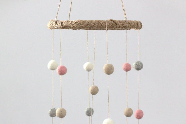 Pink, Gray, Almond & White Felt Ball Nursery Mobile SMALL SIZE- Nursery Childrens Room Pom Pom Mobile Garland Decor