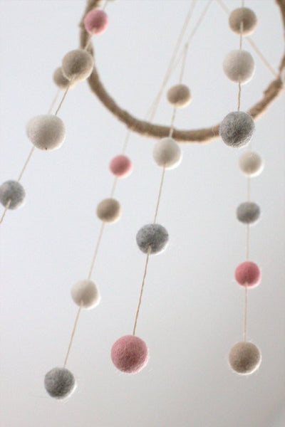 Pink, Gray, Almond & White Felt Ball Nursery Mobile SMALL SIZE- Nursery Childrens Room Pom Pom Mobile Garland Decor