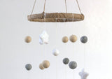 Neutral Star & Felt Ball Nursery Mobile SMALL SIZE- Almond, Gray, White-  Nursery Childrens Room Pom Pom Mobile Garland Decor