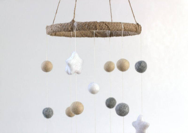Neutral Star & Felt Ball Nursery Mobile SMALL SIZE- Almond, Gray, White-  Nursery Childrens Room Pom Pom Mobile Garland Decor
