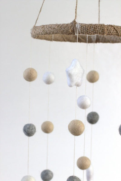 Neutral Star & Felt Ball Nursery Mobile SMALL SIZE- Almond, Gray, White-  Nursery Childrens Room Pom Pom Mobile Garland Decor