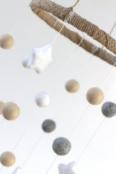 Neutral Star & Felt Ball Nursery Mobile SMALL SIZE- Almond, Gray, White-  Nursery Childrens Room Pom Pom Mobile Garland Decor