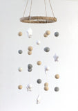Neutral Star & Felt Ball Nursery Mobile SMALL SIZE- Almond, Gray, White-  Nursery Childrens Room Pom Pom Mobile Garland Decor