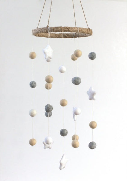 Neutral Star & Felt Ball Nursery Mobile SMALL SIZE- Almond, Gray, White-  Nursery Childrens Room Pom Pom Mobile Garland Decor