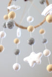 Neutral Star & Felt Ball Nursery Mobile SMALL SIZE- Almond, Gray, White-  Nursery Childrens Room Pom Pom Mobile Garland Decor