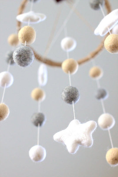 Neutral Star & Felt Ball Nursery Mobile SMALL SIZE- Almond, Gray, White-  Nursery Childrens Room Pom Pom Mobile Garland Decor