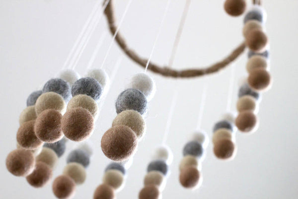 Spiral Felt Ball Mobile- Neutral Nursery- Tan, Almond, Gray, White-  Nursery Childrens Room Pom Pom Mobile Garland Decor