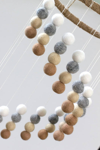 Spiral Felt Ball Mobile- Neutral Nursery- Tan, Almond, Gray, White-  Nursery Childrens Room Pom Pom Mobile Garland Decor