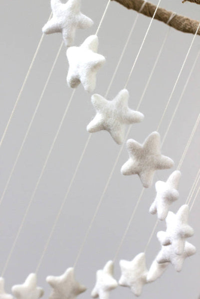Spiral Felt Star Mobile- Neutral Nursery- White- Felt Ball Mobile