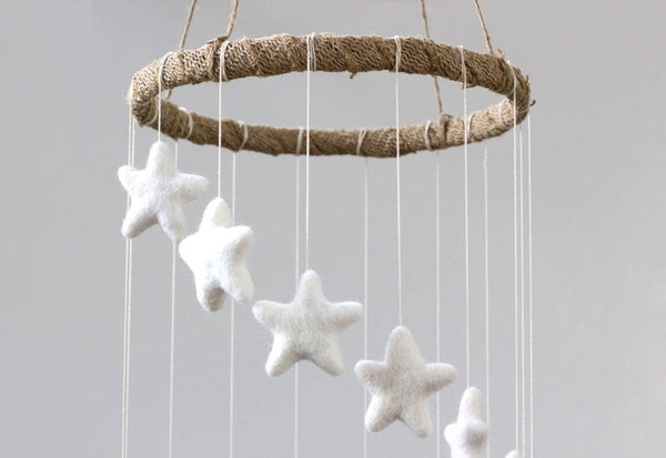Spiral Felt Star Mobile- Neutral Nursery- White- Felt Ball Mobile