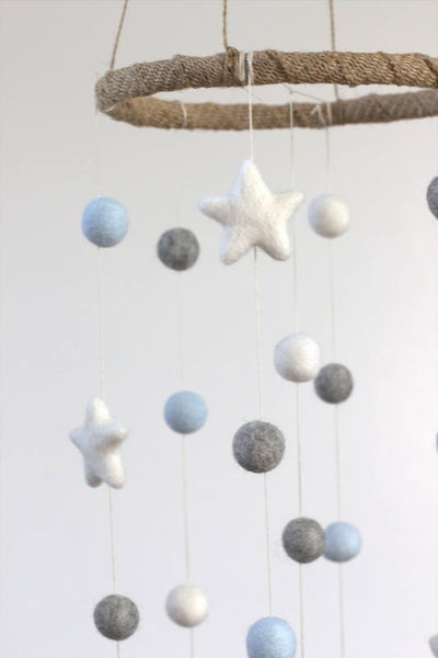 Ice Blue, Gray, White Felt Ball & Star Nursery Mobile- Baby Childrens Room Decor