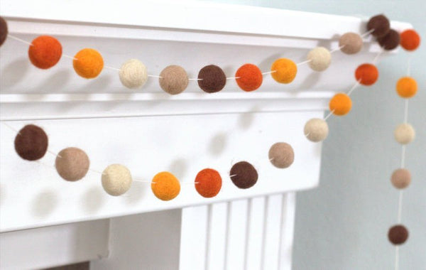 Fall Felt Ball Garland- Brown Orange Thanksgiving Autumn- Pom Pom