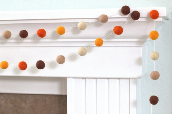 Fall Felt Ball Garland- Brown Orange Thanksgiving Autumn- Pom Pom