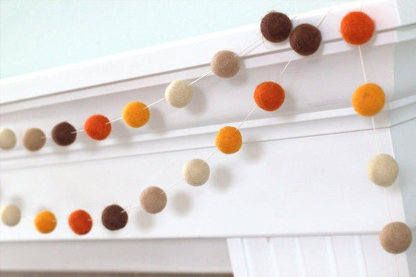 Fall Felt Ball Garland- Brown Orange Thanksgiving Autumn- Pom Pom