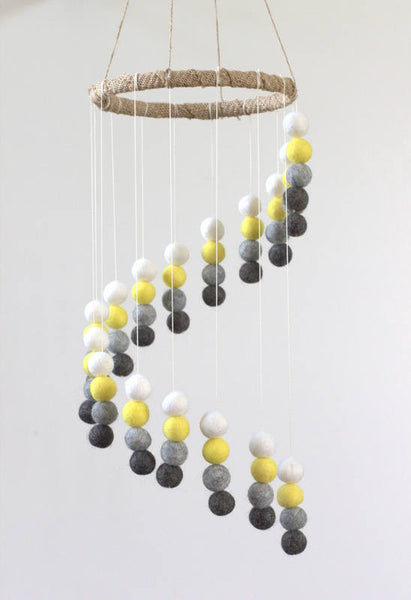 Spiral Felt Ball Mobile- Neutral Nursery- Yellow, Charcoal, Gray, White-  Nursery Childrens Room Pom Pom Mobile Garland Decor